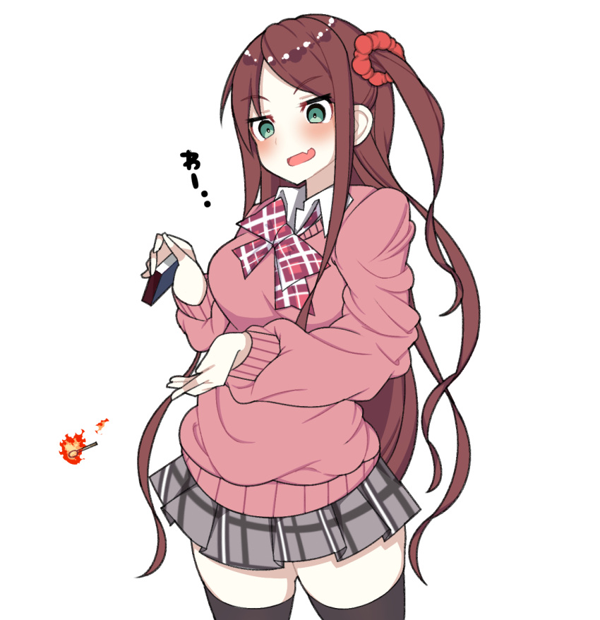 1girl, :d, akabane_youko, black_legwear, blush, bow, brown_hair, cardigan