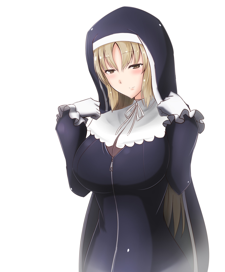 1girl, absurdres, bangs, blonde_hair, blush, breasts, capelet, cleavage