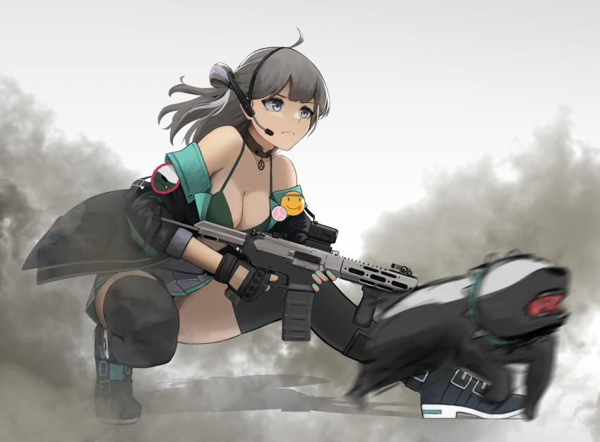 1girl, absurdres, animal, bare_shoulders, bikini_top, breasts, choker, cleavage