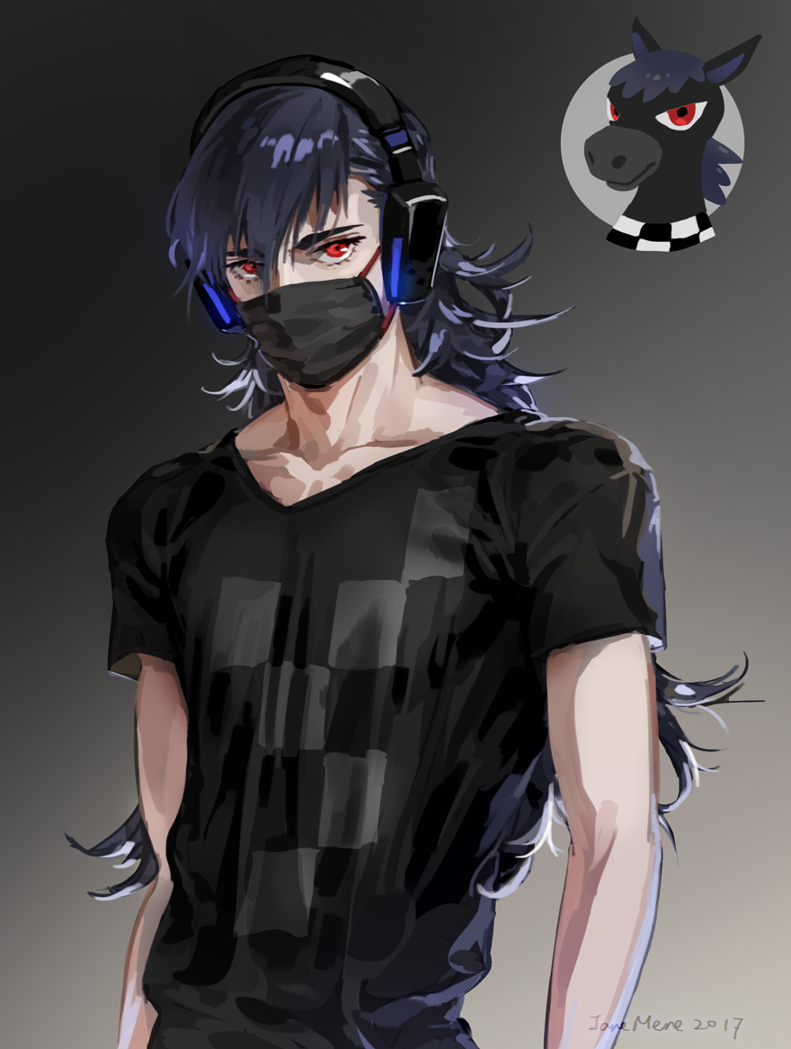 1boy, animal_ears, artist_name, black_hair, dated, doubutsu_no_mori, headphones, horse, horse_ears, jane_mere, long_hair, male_focus, mask, personification, red_eyes, schwartz_(doubutsu_no_mori), solo