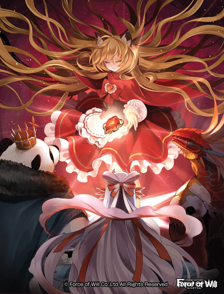 2boys, 2girls, animal_ears, apron, back, black_sclera, blonde_hair, bow