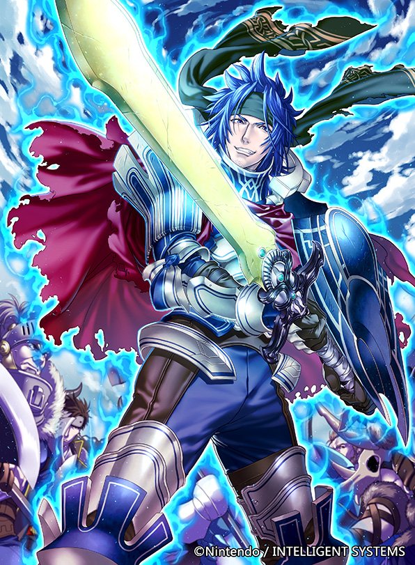 1boy, armor, aura, beard, blue_eyes, blue_hair, brown_hair, cape