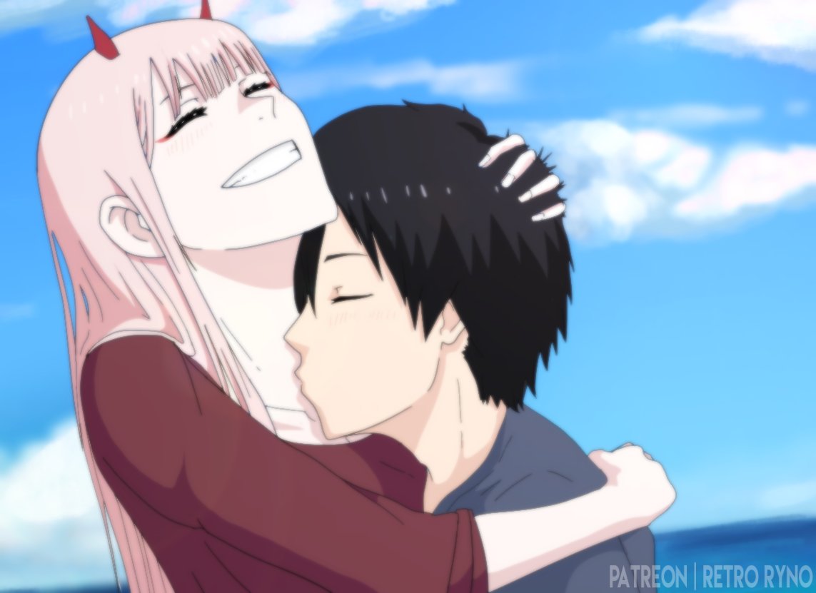 1boy, 1girl, bangs, black_hair, closed_eyes, commentary, couple, darling_in_the_franxx