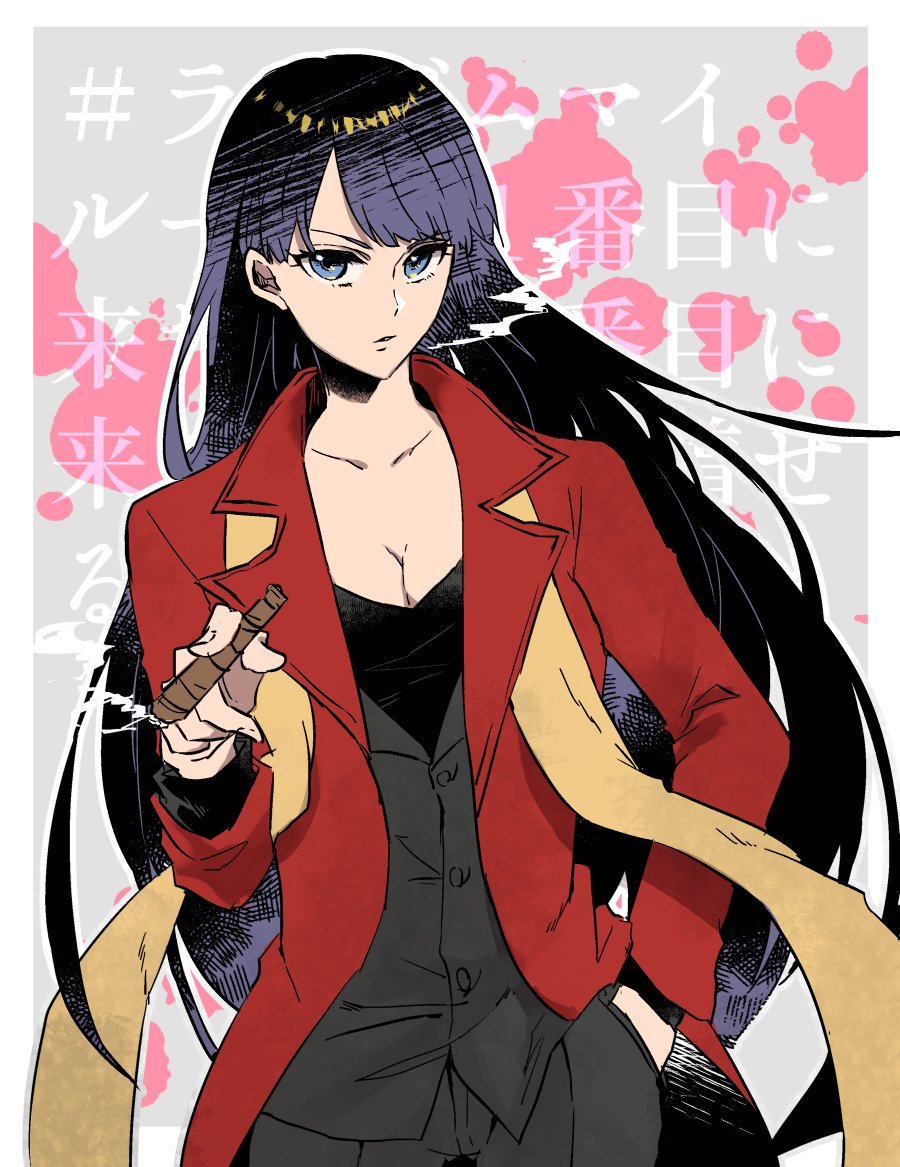 1girl, black_hair, breasts, cigarette, cleavage, collarbone, cosplay, fate/grand_order