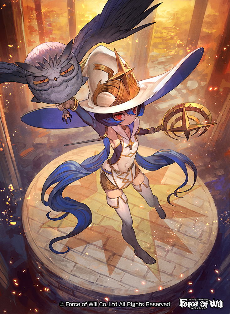 1girl, bird, blue_hair, boots, breasts, child, copyright_name, covered_navel, force_of_will, grey_footwear, hand_up, hat, holding, howl, lack, logo, long_hair, long_sleeves, looking_at_viewer, low_twintails, official_art, owl, pelvic_curtain, red_eyes, small_breasts, solo, sparkle, staff, standing, thigh-highs, thigh_boots, twintails, very_long_hair, watermark, white_hat, younger, zero_(force_of_will)