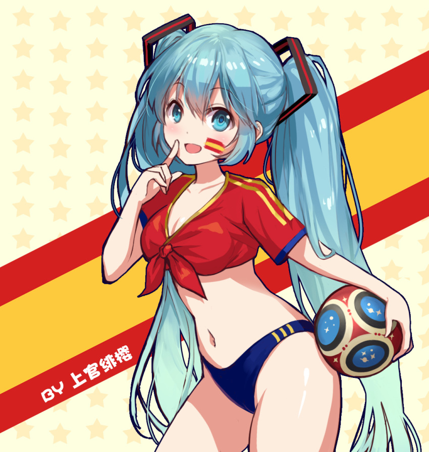 00s, 1girl, 2018_fifa_world_cup, :d, ball, bangs, blue_eyes, blue_hair