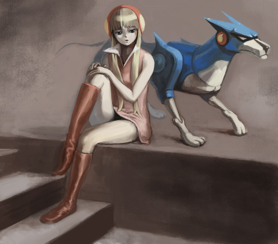 blonde_hair, blue_eyes, boots, casshan_robot_hunter, dog, dress, friender, kouzuki_luna