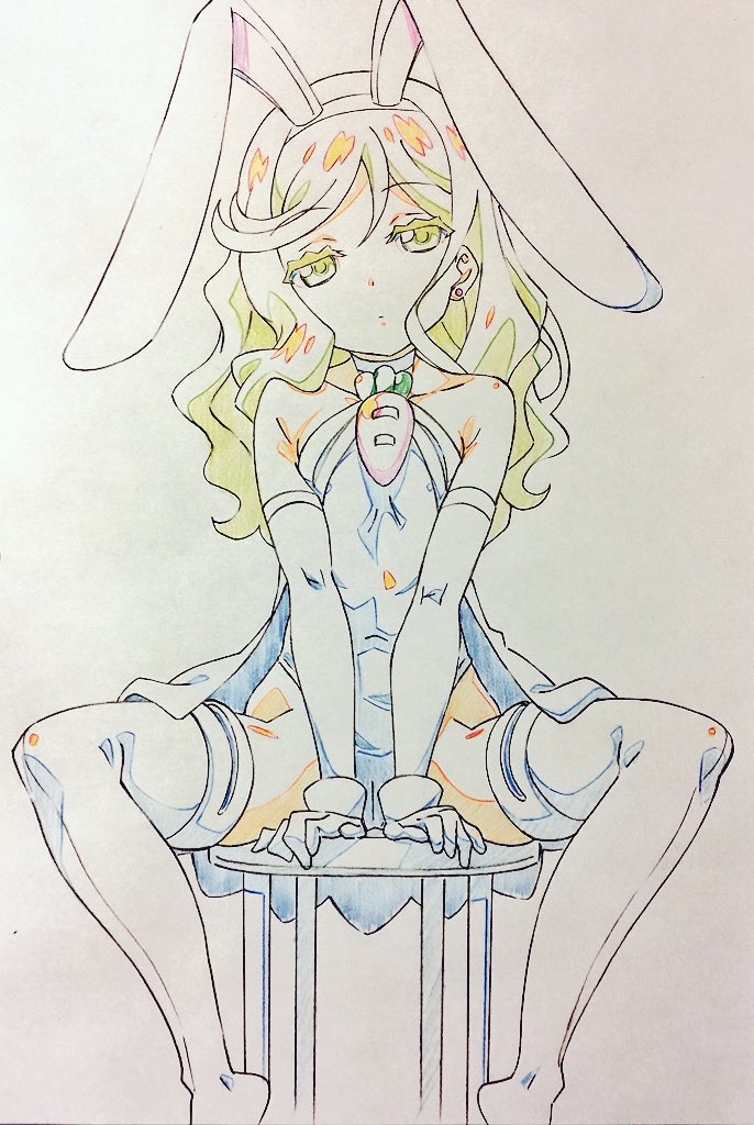 1girl, animal_ears, armpits, boots, cape, carrot, chair, covered_navel