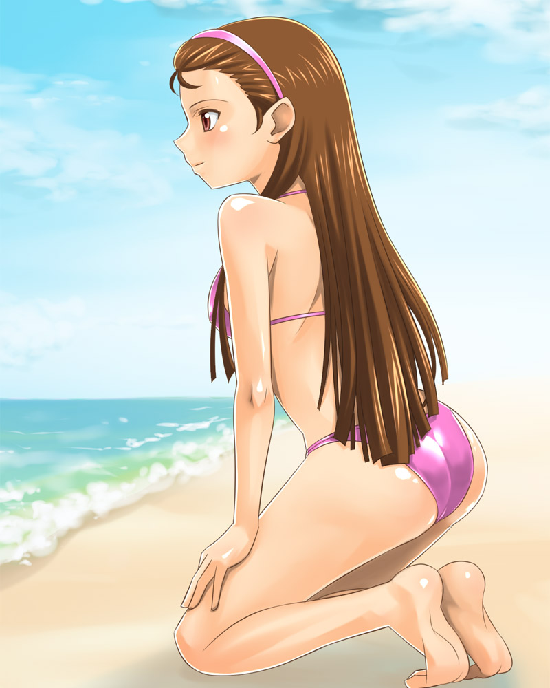 (^_^)_(pixiv198858), back, barefoot, beach, bikini, brown_hair, feet, hairband
