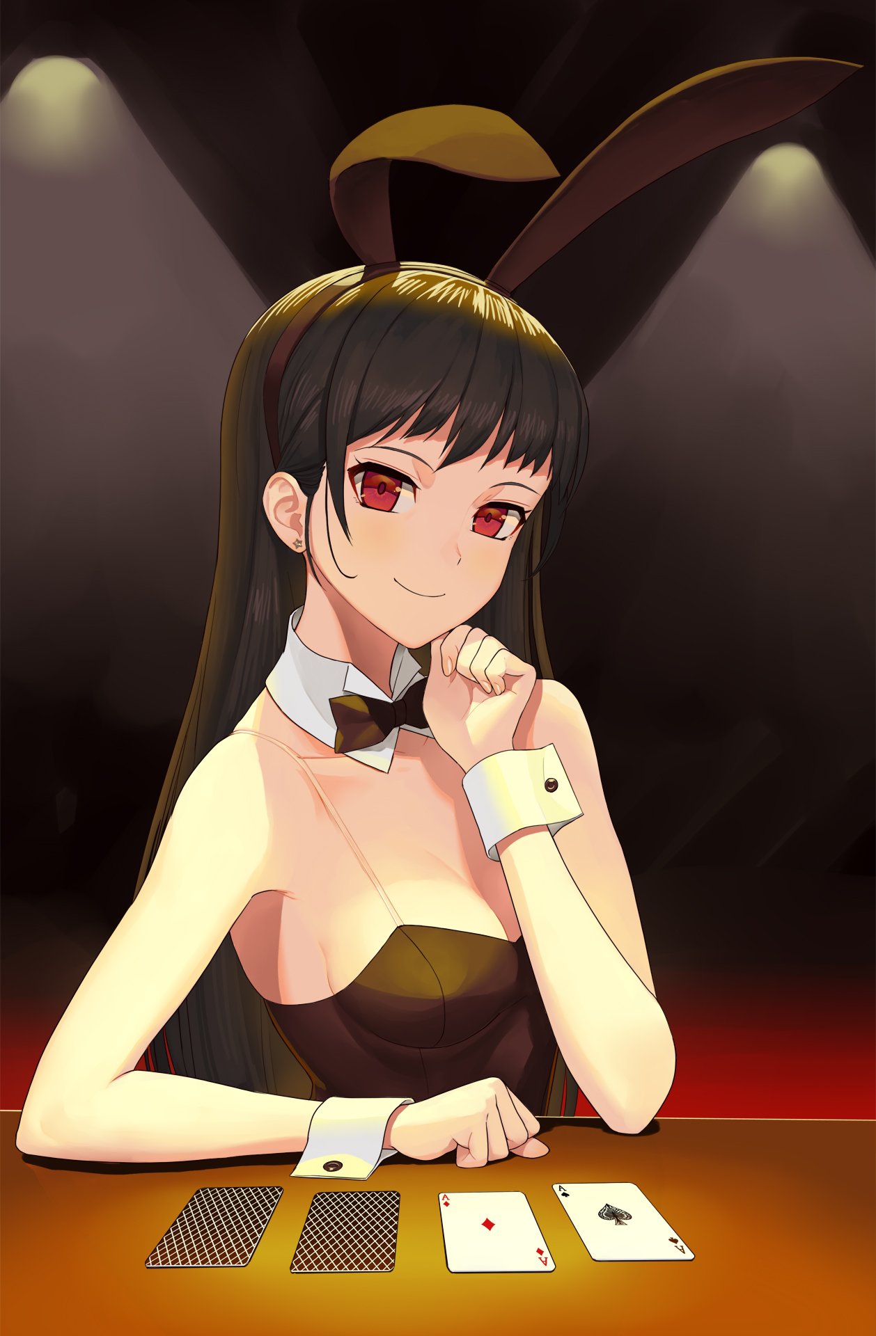 1girl, animal_ears, bangs, black_bow, black_hair, black_hairband, black_leotard, black_neckwear