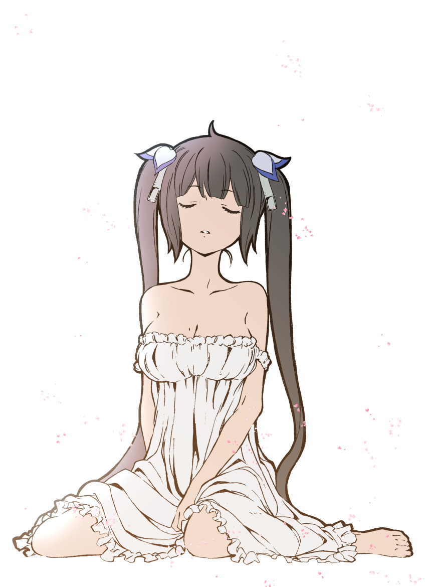 1girl, absurdres, bangs, barefoot, black_hair, closed_eyes, dress, dungeon_ni_deai_wo_motomeru_no_wa_machigatteiru_darou_ka