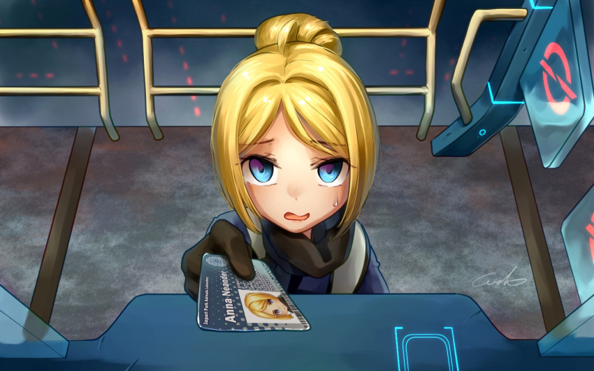 1girl, black_gloves, blonde_hair, blue_eyes, commentary, eyebrows_visible_through_hair, from_above, gloves