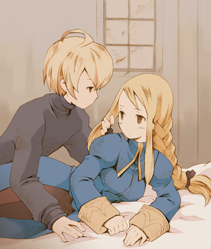 1girl, agrias_oaks, ahoge, b.tarou, bakuhatsu_tarou, blonde_hair, braid, couple, final_fantasy, final_fantasy_tactics, lowres, lying, ramza_beoulve, single_braid