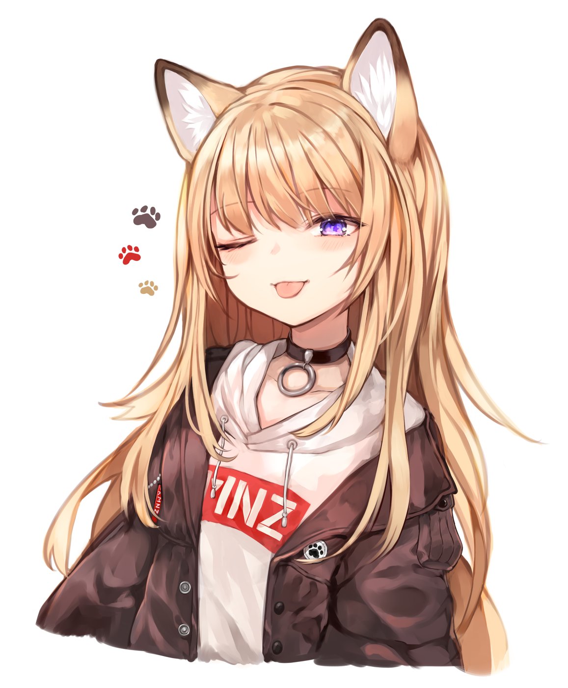 1girl, ;p, animal_ears, black_jacket, blonde_hair, blue_eyes, collar, fox_ears