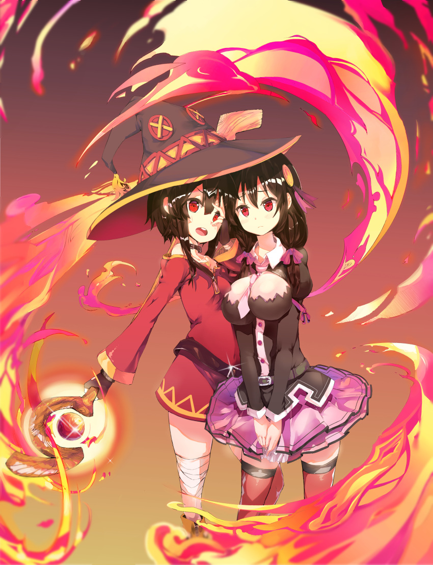 2girls, absurdres, bandage, belt, black_hair, black_legwear, blush, bow, braid, breasts, cape, collar, donguru, dress, fingerless_gloves, fire, gloves, hair_bow, hair_ornament, hat, highres, holding, holding_staff, kono_subarashii_sekai_ni_shukufuku_wo!, large_breasts, long_hair, looking_at_viewer, megumin, multiple_girls, necktie, open_mouth, red_dress, red_eyes, ribbon, short_hair, skirt, smile, staff, thigh-highs, witch_hat, yunyun_(konosuba)
