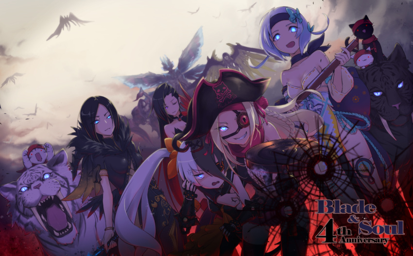 6+girls, anger_vein, annoyed, bare_shoulders, bikini_top, black_dress, black_gloves, black_hair