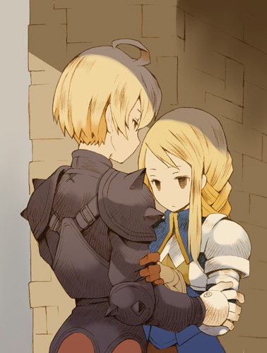 1girl, agrias_oaks, ahoge, armor, b.tarou, bakuhatsu_tarou, belt, blonde_hair, braid, brown_eyes, couple, final_fantasy, final_fantasy_tactics, gloves, holding, long_hair, lowres, pauldrons, ramza_beoulve, short_hair, spikes