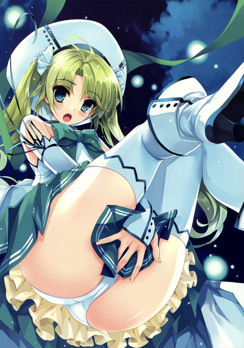 1girl, :o, absurdres, bare_shoulders, blue_eyes, blush, boots, bow
