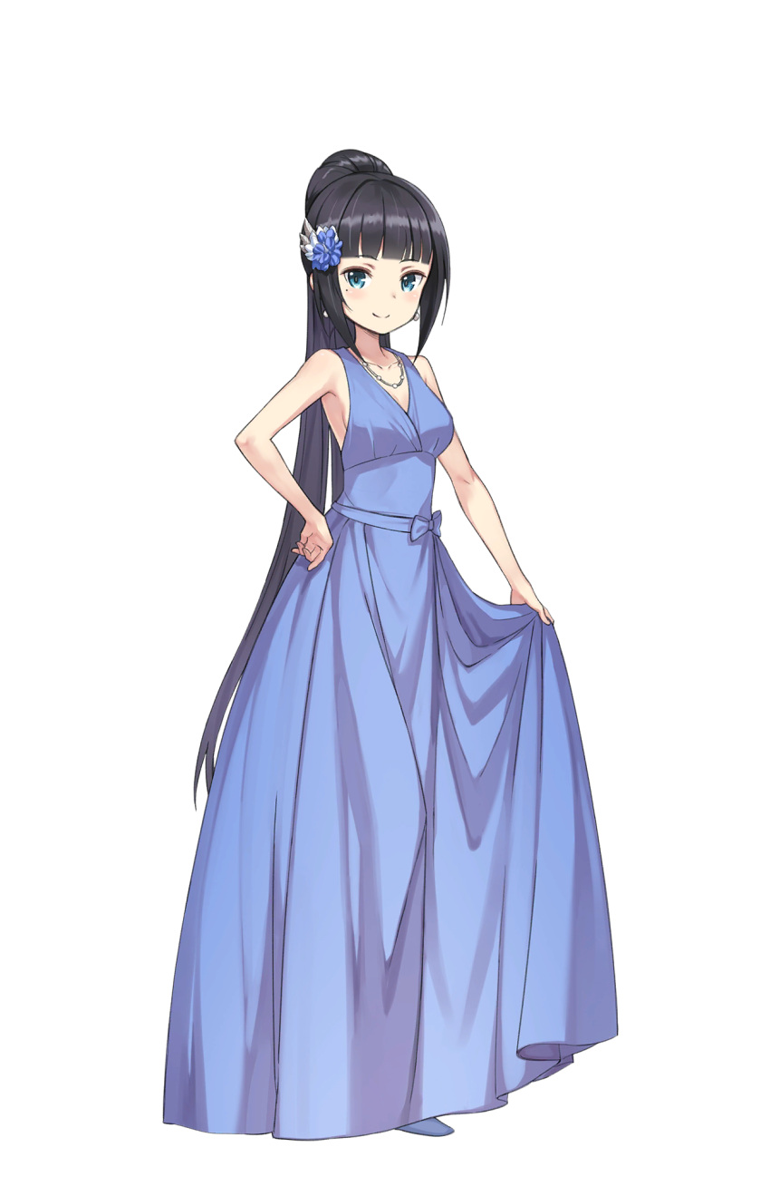 1girl, black_hair, blue_dress, blue_eyes, blush, dress, earrings, full_body