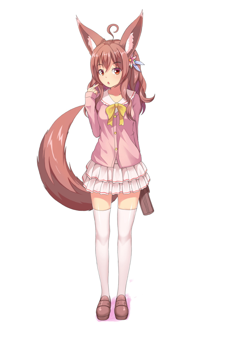 1girl, ahoge, animal_ears, arm_behind_back, arm_up, bag, brown_eyes, brown_hair