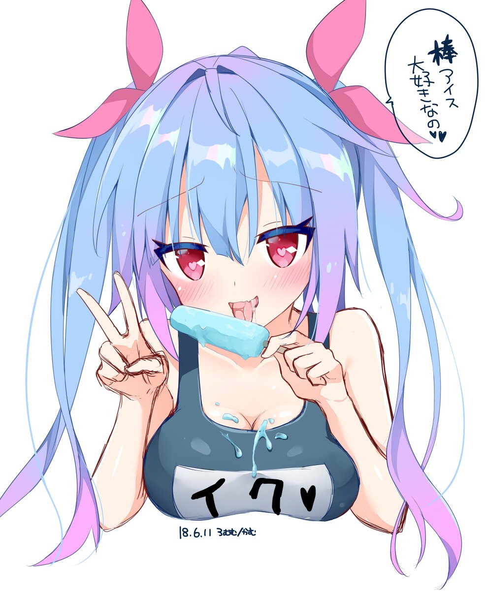 1girl, blue_hair, blush, bow, breasts, eyebrows_visible_through_hair, food, foot_licking
