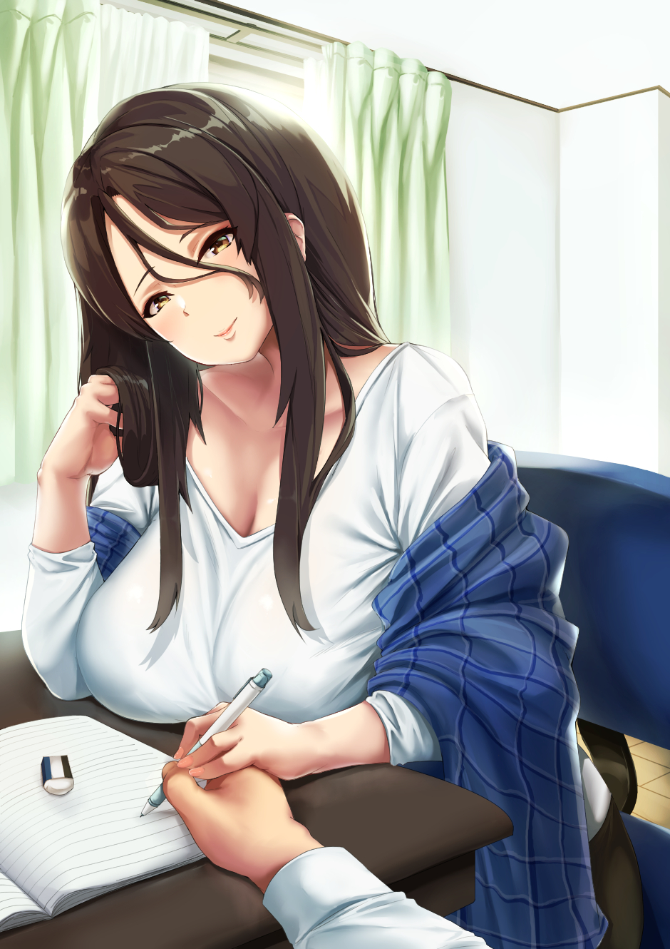 1girl, book, breast_rest, breasts, brown_eyes, brown_hair, chair, closed_mouth, collarbone, commentary_request, curtains, hair_between_eyes, highres, holding, indoors, kuchibue_(tanima_club), large_breasts, long_hair, long_sleeves, looking_at_viewer, open_book, original, shirt, sitting, smile, white_shirt