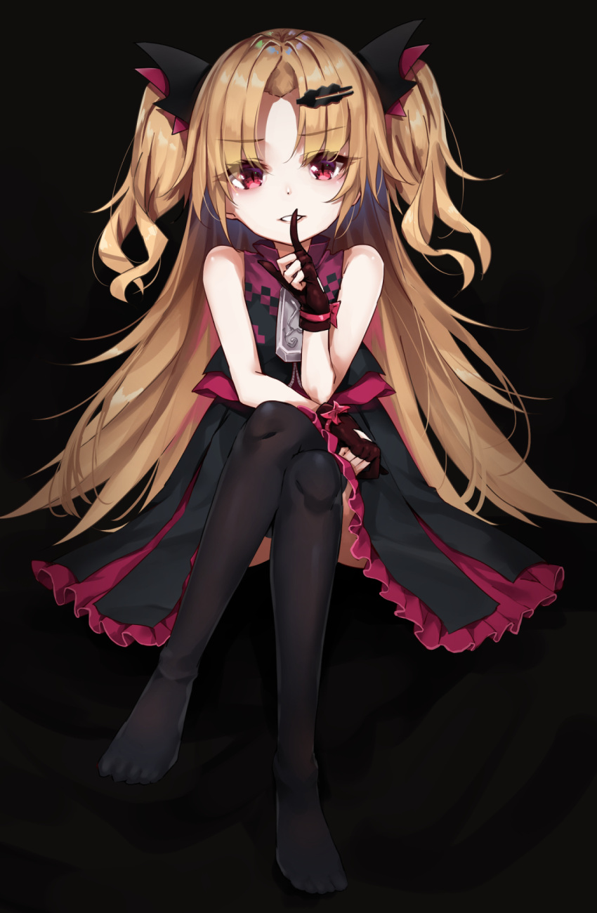 1girl, akatsuki_yuni, bangs, bare_arms, black_background, black_legwear, blonde_hair, bow