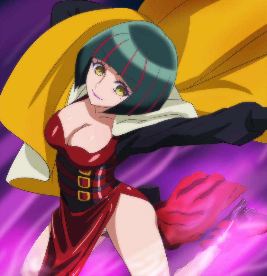 1girl, bob_cut, breasts, cleavage, closed_mouth, eyebrows_visible_through_hair, gelos_(precure), green_hair, haruyama_kazunori, hugtto!_precure, lips, medium_breasts, mole, mole_under_eye, multicolored_hair, outstretched_arms, precure, redhead, short_hair, solo, streaked_hair, thighs, yellow_eyes