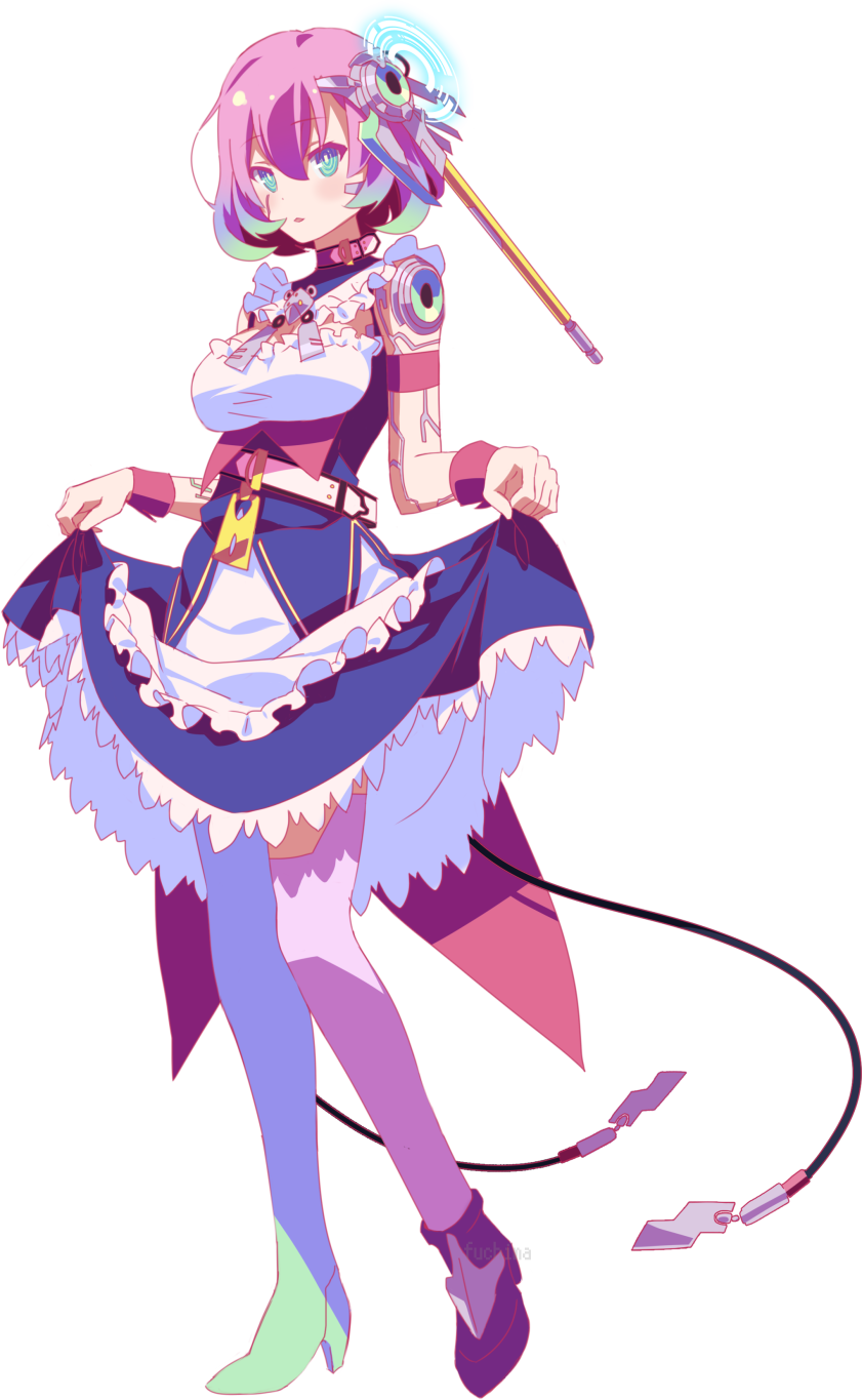 1girl, :3, belt, breasts, fuchima, gesture, green_eyes, hair_ornament, highres, maid, maid_dress, mechanical_parts, multicolored_hair, no_game_no_life, shoes, short_hair, skirt, skirt_lift, solo, tail, thigh-highs, ymirein_(no_game_no_life)