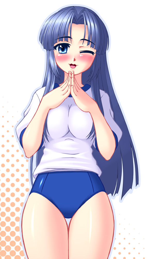 blue_eyes, blue_hair, blush, buruma, gym_uniform, hanazuka_ryouji, long_hair, nyanya