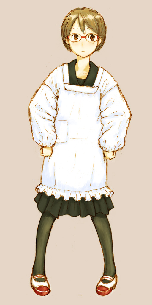 brown_eyes, brown_hair, glasses, legs, original, pantyhose, pocket, pomo_rosso, school_uniform, shoes, short_hair, smock, uwabaki