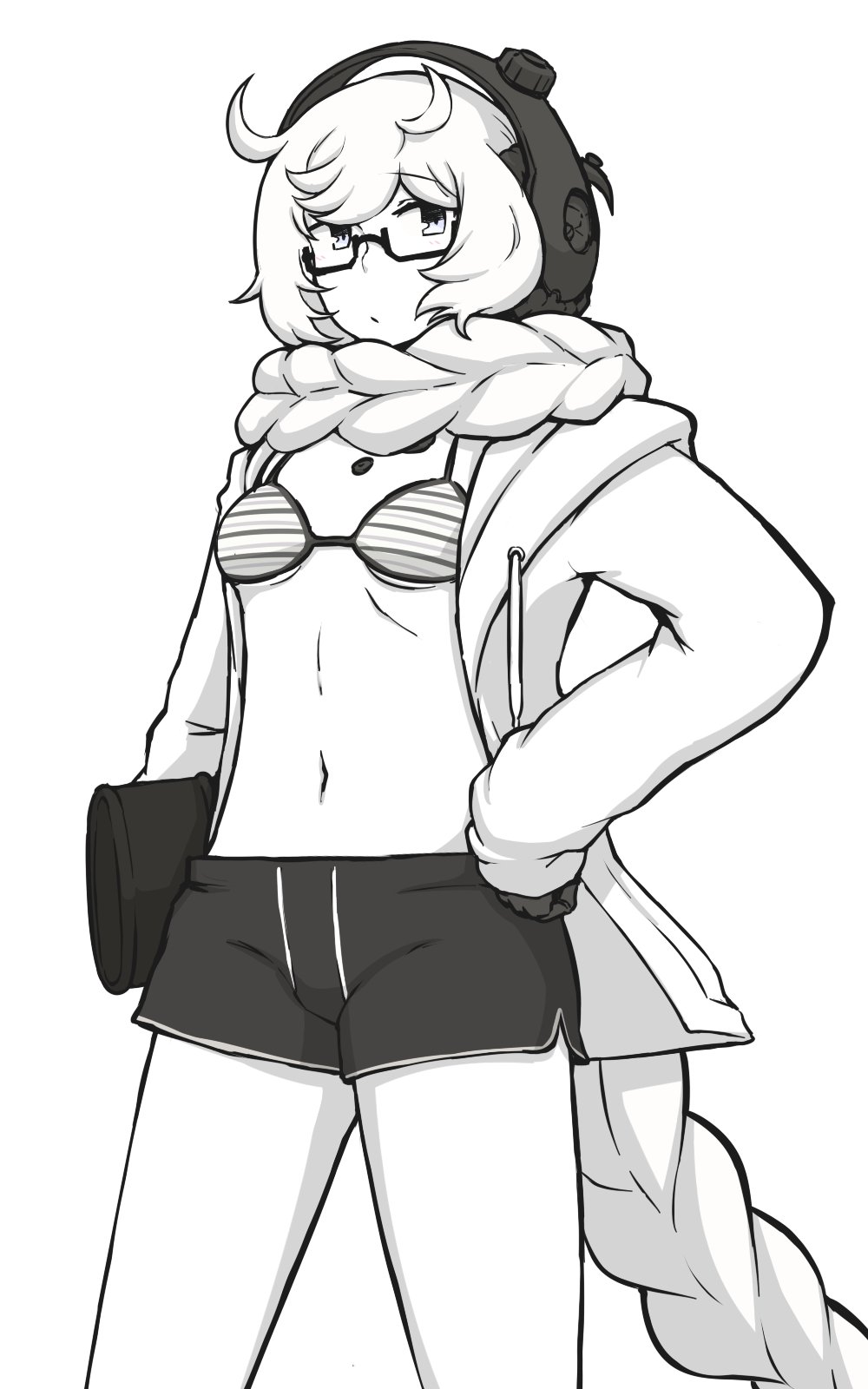 1girl, absurdly_long_hair, bikini_top, black-framed_eyewear, breasts, commentary_request, cowboy_shot, glasses, hair_scarf, hamu_koutarou, hand_on_hip, headphones, highres, jacket, kantai_collection, long_hair, navel, shinkaisei-kan, shorts, simple_background, small_breasts, solo, standing, striped_bikini_top, supply_depot_summer_hime, track_jacket, very_long_hair, white_background, white_eyes, white_hair, white_skin