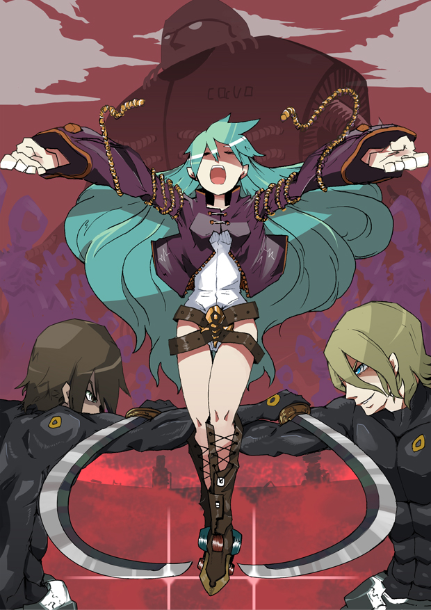 belt, belt_buckle, black_hair, blonde_hair, bodysuit, boots, cavo, closed_eyes