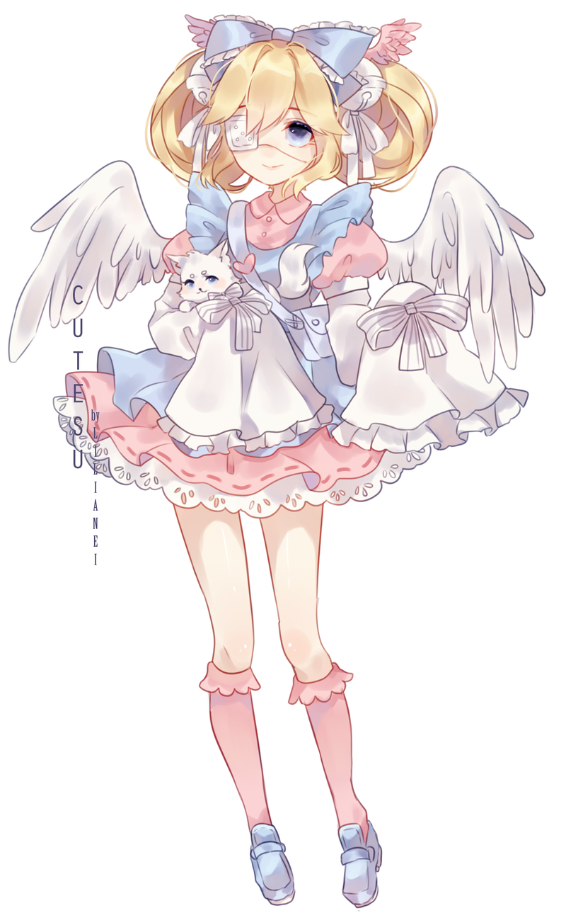 angel_wings, bangs, bell, blonde_hair, blue_eyes, bow, cat, collar