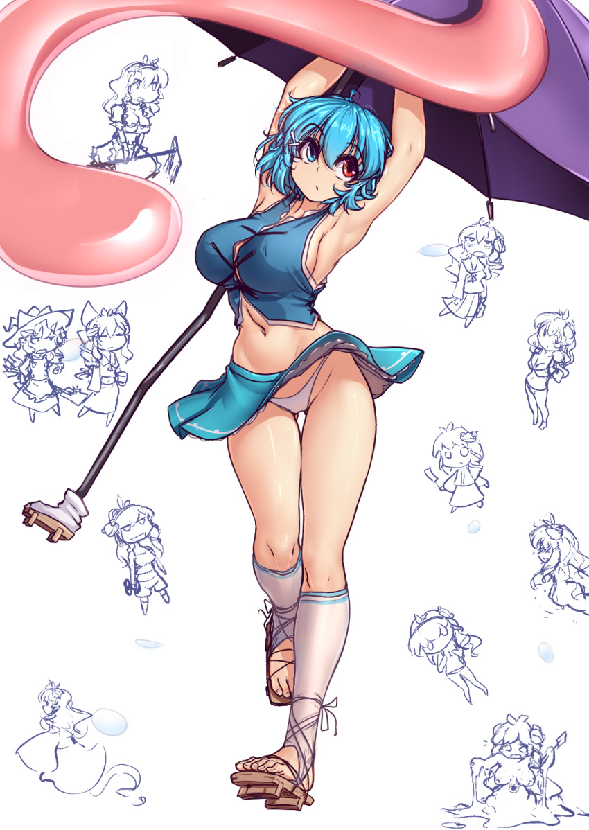 armpits, arms_up, bare_shoulders, blue_eyes, blue_hair, blue_skirt, breasts, commentary