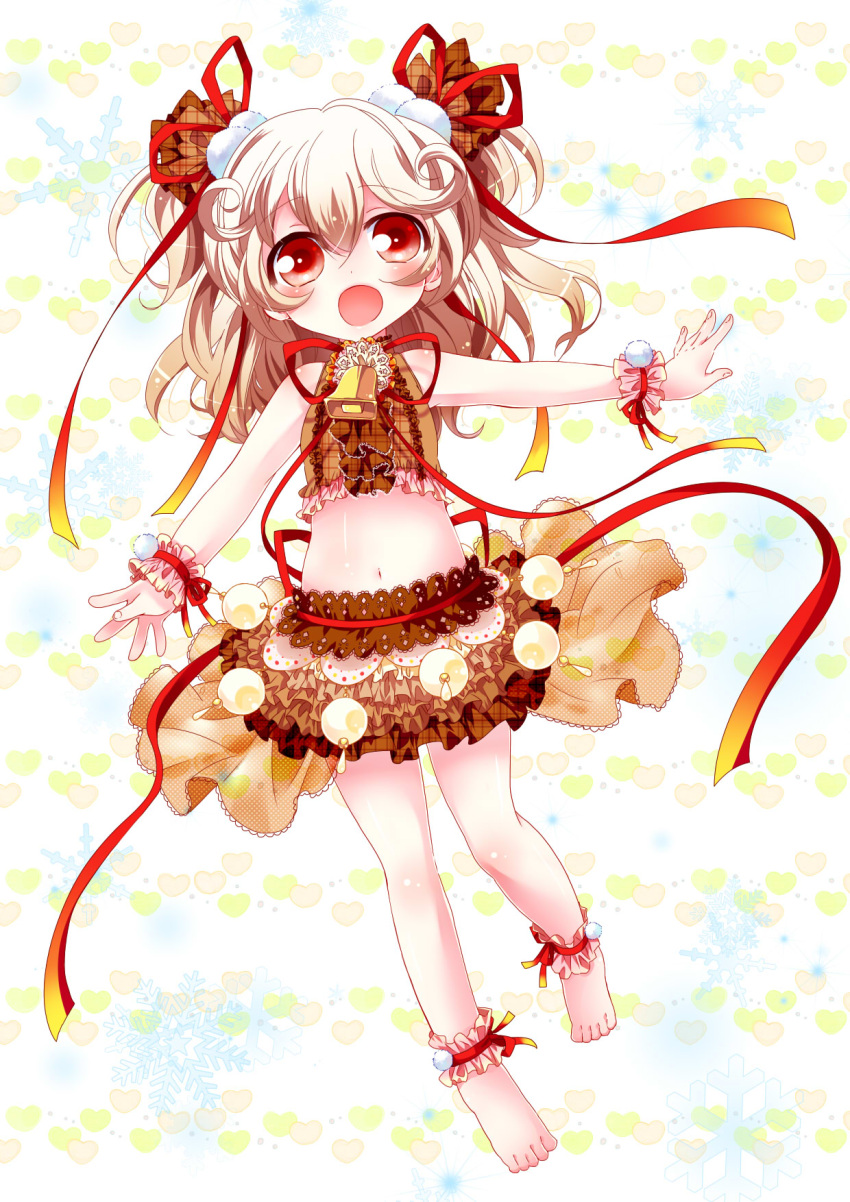 1girl, ankle_bow, ankle_cuffs, ankle_ribbon, bangs, barefoot, bell, blonde_hair