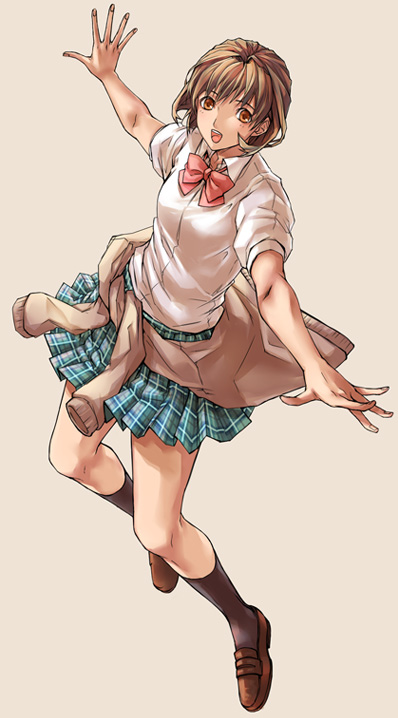 1girl, alternate_costume, bow, breasts, brown_eyes, brown_footwear, brown_hair, cardigan