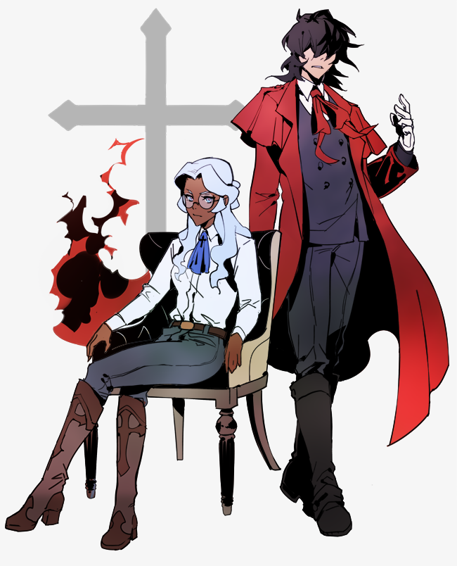 1boy, 1girl, alucard_(hellsing), alucard_(hellsing)_(cosplay), batmorphy, belt, black_hair, blue_eyes
