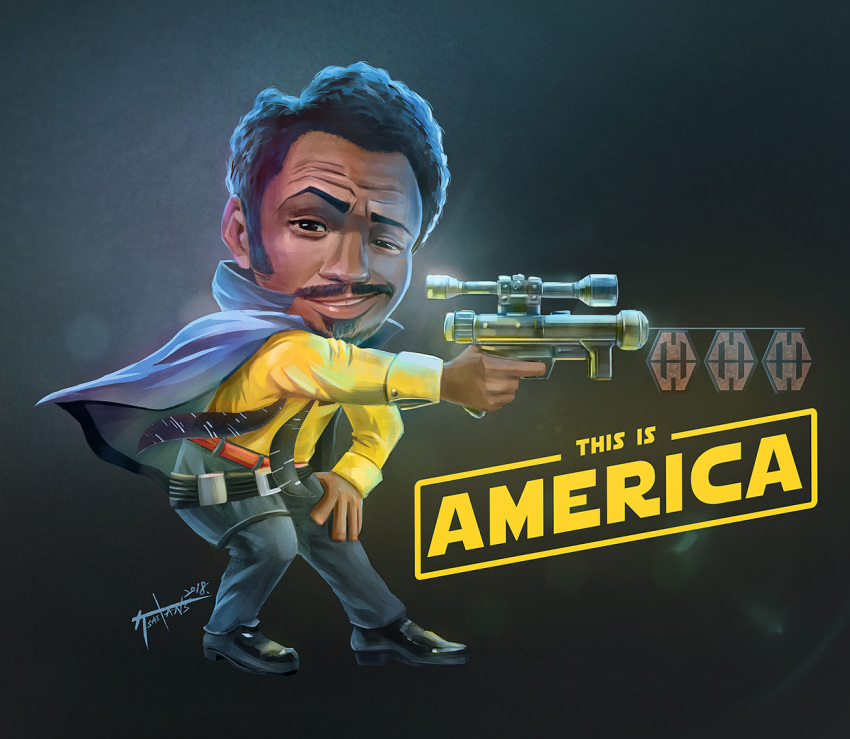 1boy, 2018, aiming, beard, black_hair, cape, card, chibi, childish_gambino, crossover, dancing, dark_skin, dated, donald_glover, energy_gun, facial_hair, lando_calrissian, logo, mustache, parody, ray_gun, realistic, sabacc, scarf, science_fiction, shoes, signature, solo:_a_star_wars_story, star_wars, this_is_america, weapon