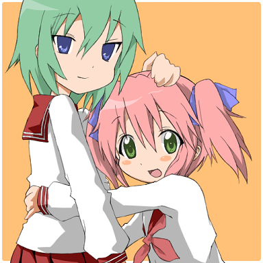blue_eyes, green_eyes, green_hair, hentai_(1985), hentai_(pixiv4694), hug, iwasaki_minami, kobayakawa_yutaka