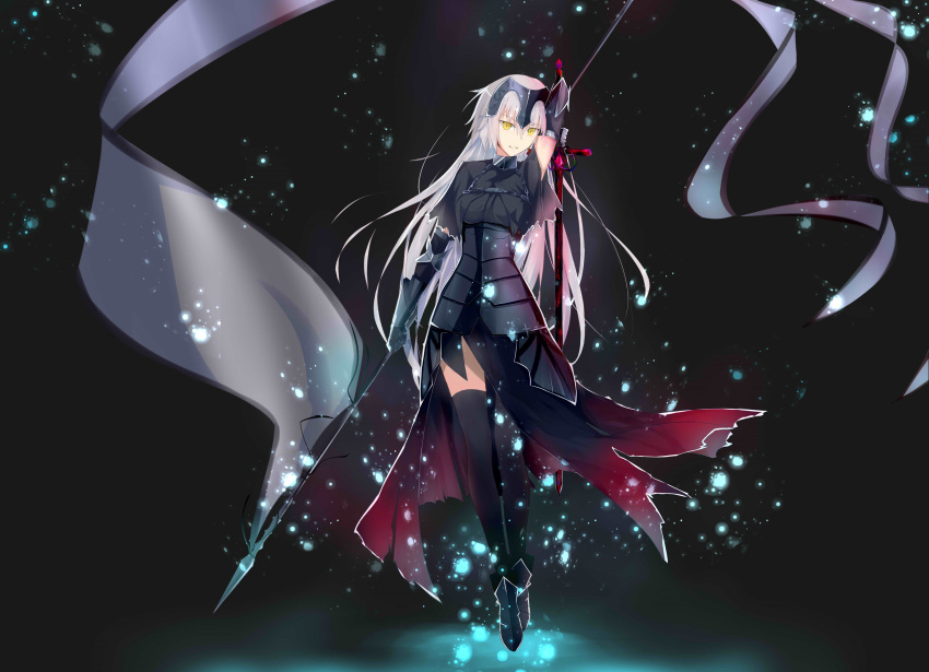 1girl, absurdres, arm_up, armor, armored_dress, banner, black_dress, black_legwear, chains, dress, fate/grand_order, fate_(series), floating_hair, full_body, gauntlets, grin, highres, holding, holding_sword, holding_weapon, jeanne_d'arc_(alter)_(fate), jeanne_d'arc_(fate)_(all), long_hair, qihuangzhishu, silver_hair, smile, solo, sword, thigh-highs, very_long_hair, weapon, yellow_eyes