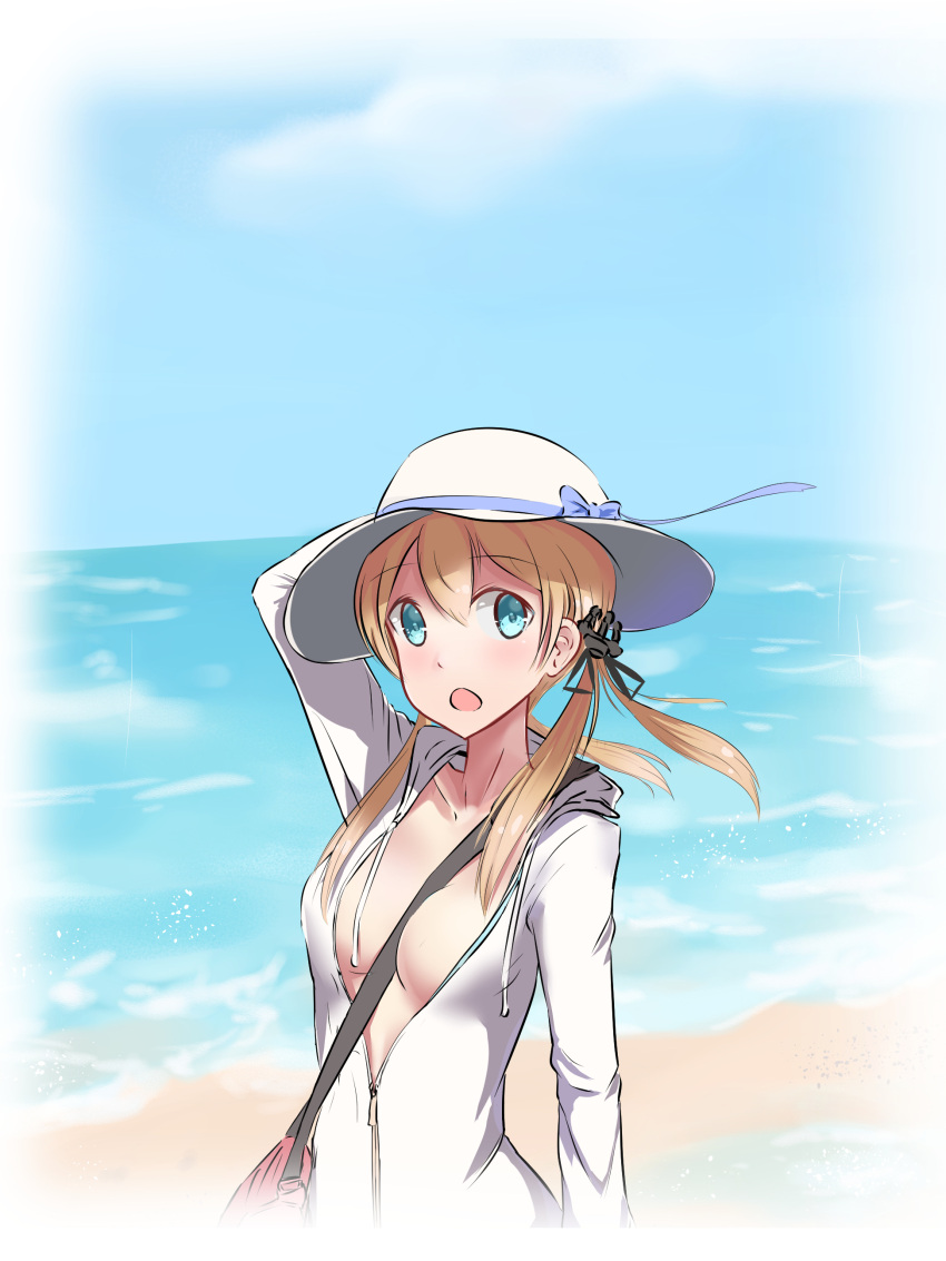1girl, absurdres, arm_up, bag, beach, between_breasts, black_ribbon, blonde_hair