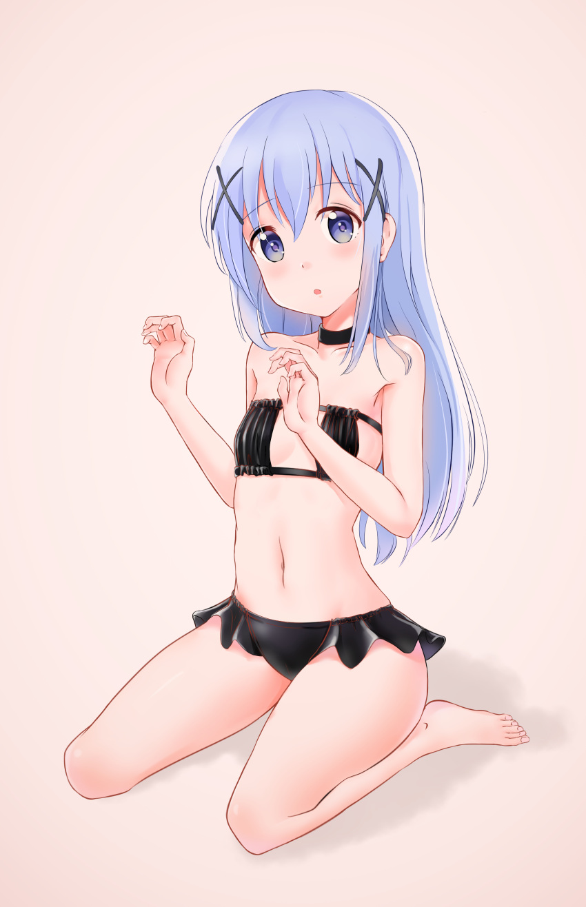 1girl, absurdres, bangs, barefoot, bikini, black_bikini, blue_eyes, blue_hair, blunt_bangs, blush, breasts, choker, cleavage, cleavage_cutout, collarbone, dabaizhao, eyes, full_body, gochuumon_wa_usagi_desu_ka?, grey_background, hair_between_eyes, hair_ornament, head_tilt, highres, kafuu_chino, long_hair, looking_at_viewer, navel, open_mouth, simple_background, sitting, small_breasts, solo, strapless, strapless_bikini, swimsuit, very_long_hair, x_hair_ornament