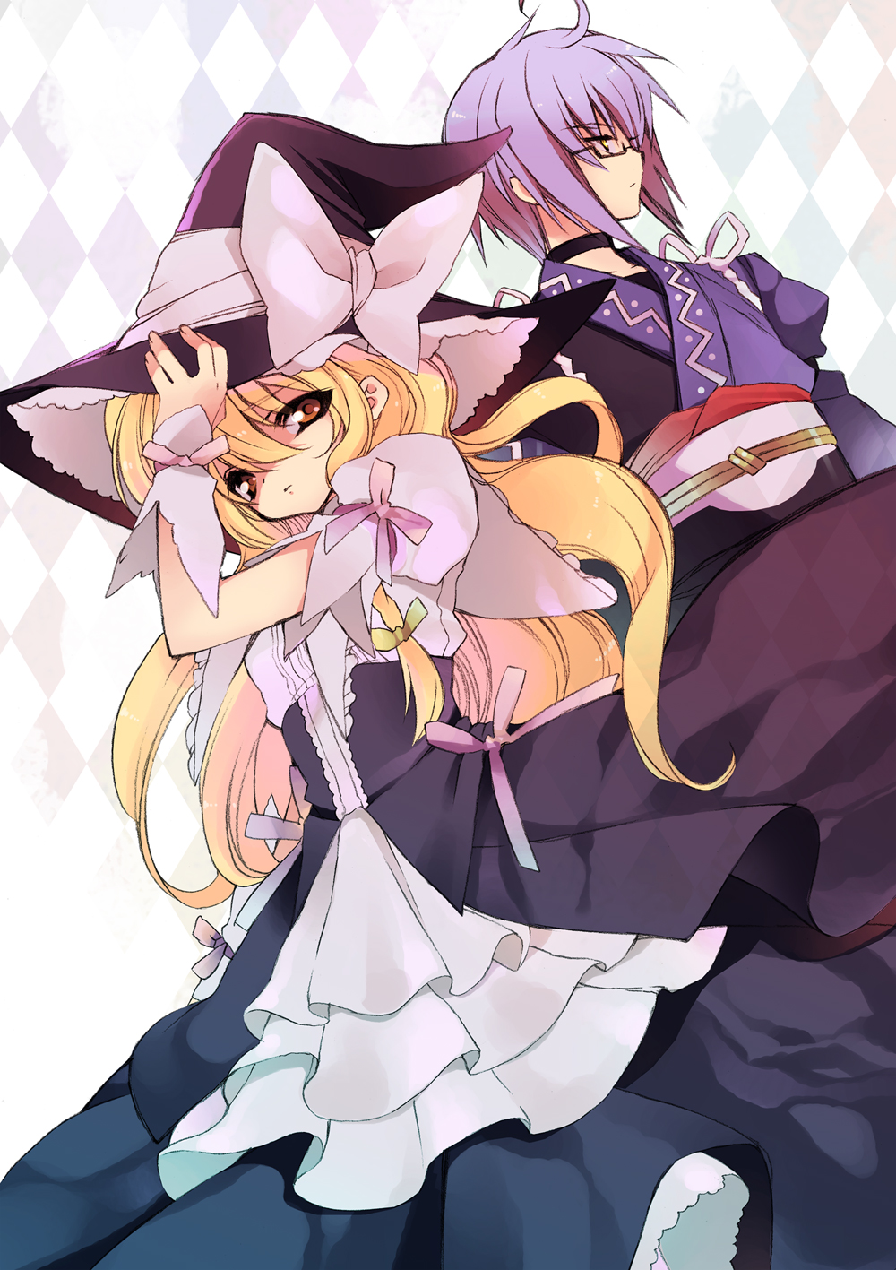 hat, hat_ribbon, highres, kirisame_marisa, long_hair, morichika_rinnosuke, ribbon, ribbons, short_hair, silver_hair, touhou, witch_hat, yellow_eyes, yuki_machi, yukimachi_tounosuke