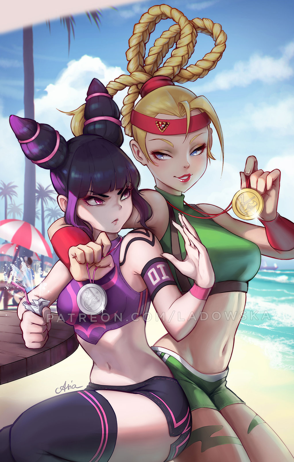 2girls, arm_around_shoulder, beach, bike_shorts, blonde_hair, blue_eyes, cammy_white, clenched_hand