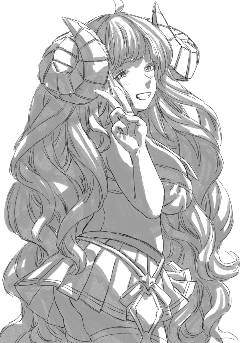 anila_(granblue_fantasy), breasts, draph, granblue_fantasy, greyscale, grin, highres, horns
