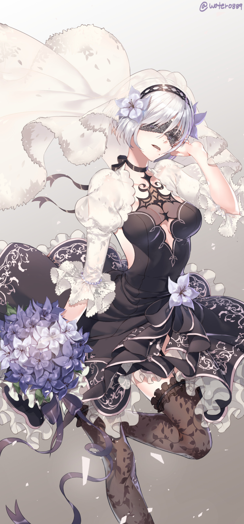 1girl, absurdres, android, black_dress, black_hairband, black_legwear, black_ribbon, blindfold