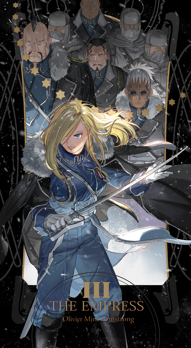 1girl, 6+boys, amestris_military_uniform, blonde_hair, blue_eyes, boots, buccaneer_(fma), card_(medium)