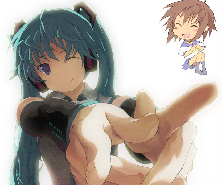 bad_id, blue_eyes, detached_sleeves, foreshortening, hands, hatsune_miku, headphones, kusakabe_misao
