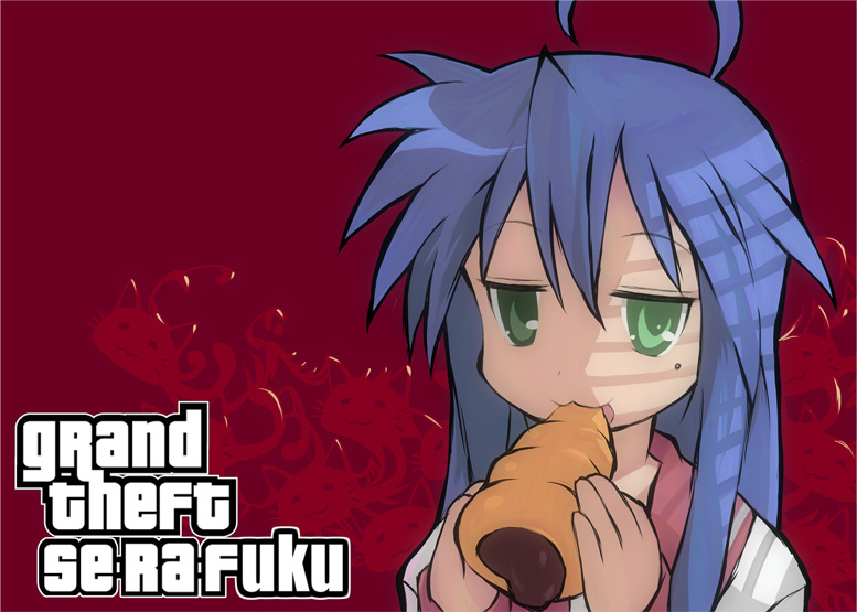 ahoge, bad_id, blue_hair, cat, chocolate_cornet, eating, grand_theft_auto, green_eyes, izumi_konata, kusobaka, lucky_star, mole, parody, school_uniform, serafuku